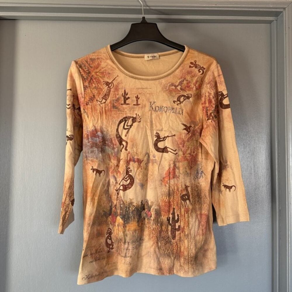 Cactus Tan Southwestern Pullover Top Kokopelli Embellished Long Sleeve L Aztec